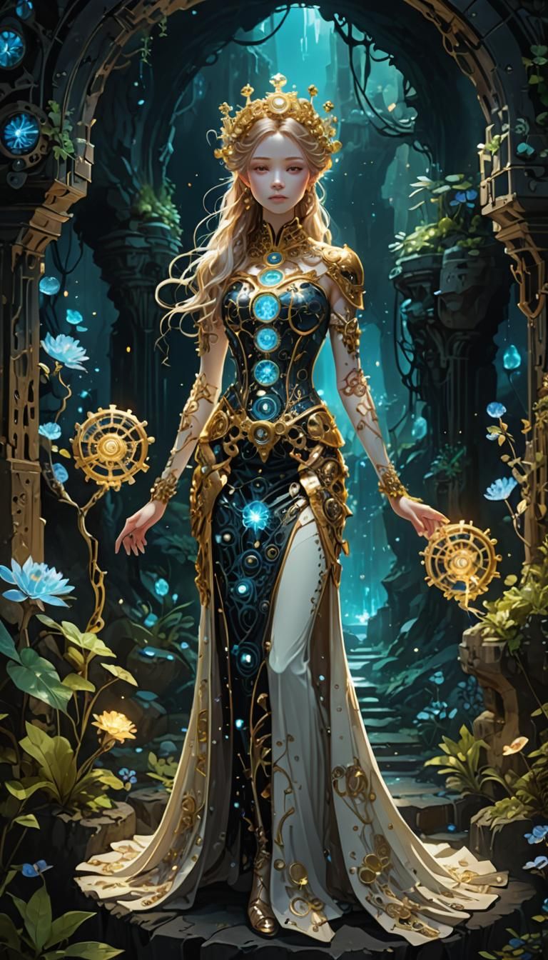 Clockwork Princess in Bioluminescent Cavern: Anime Style