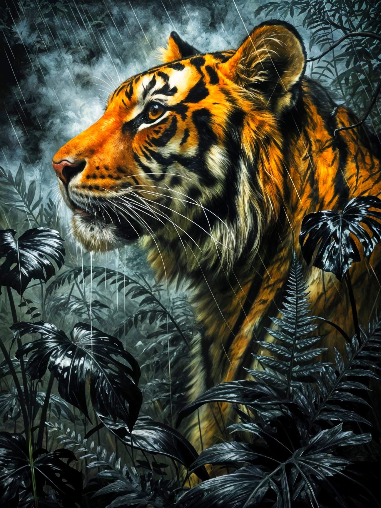 Dark Oil Portrait of a Jungle Tiger in Rain