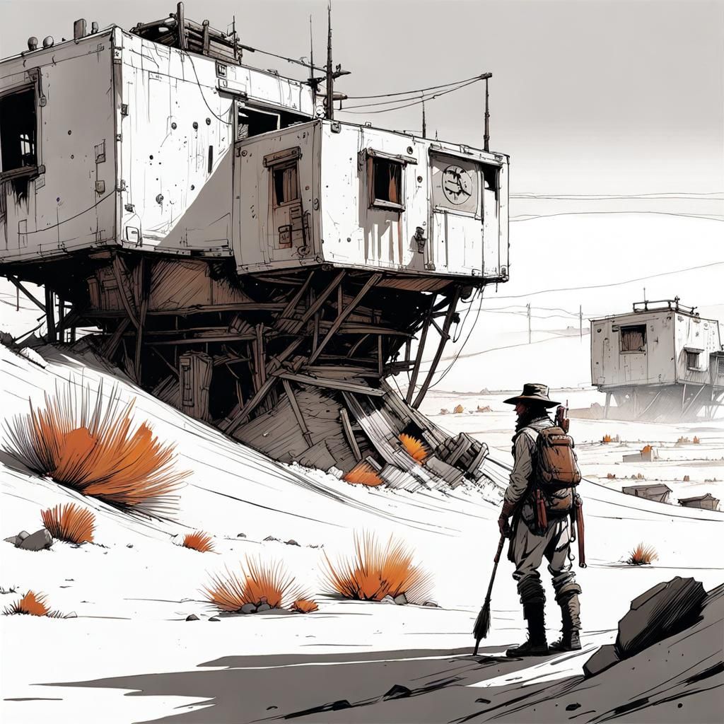 Desert Settlement Sketch in Moebius Style