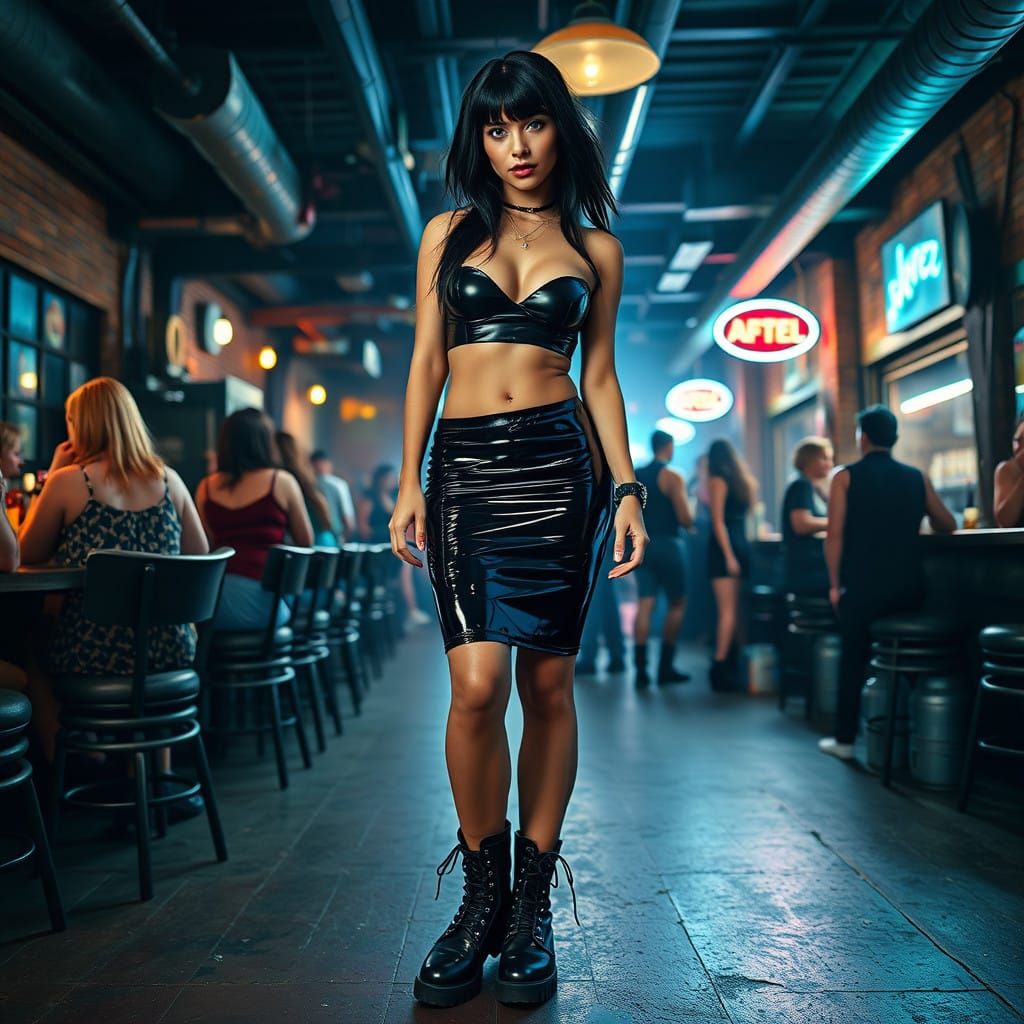 Edgy Fashionista in Industrial Bar, in Arty Photorealism Sty...