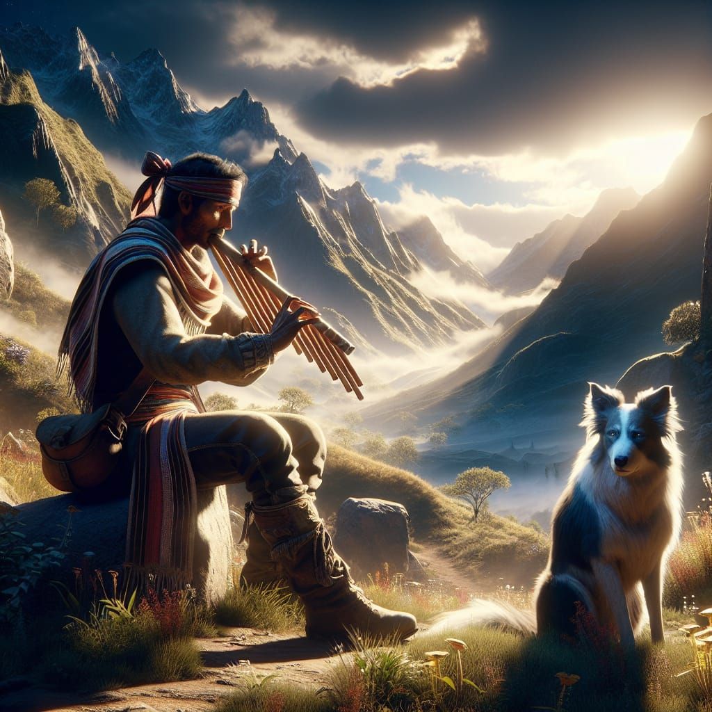 Mexican Man Plays Pan Flute in Mountains