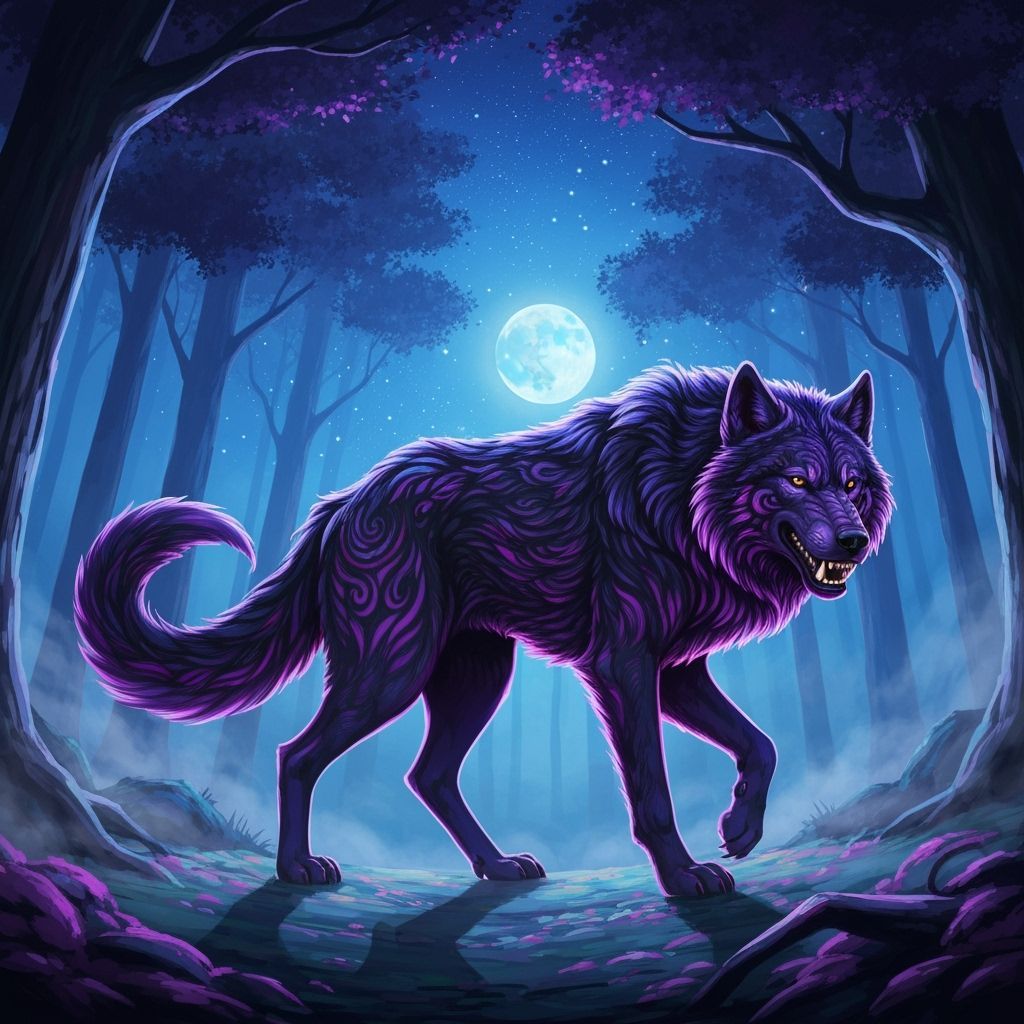 Majestic Black and Purple Wolf in Mystical Forest