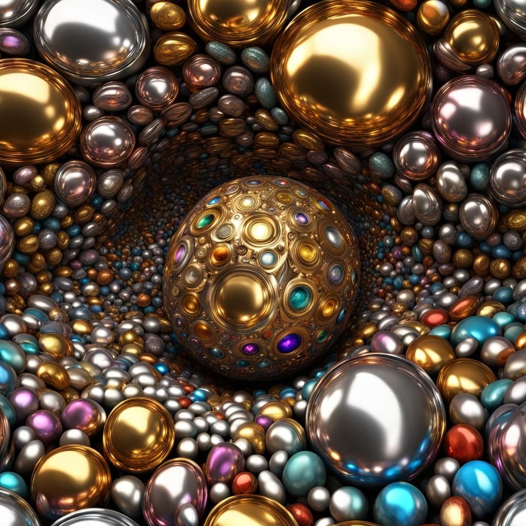 metallic sphere enclosing multicolor metallic underground cavern with streams of silver and gold with light reflecting o...
