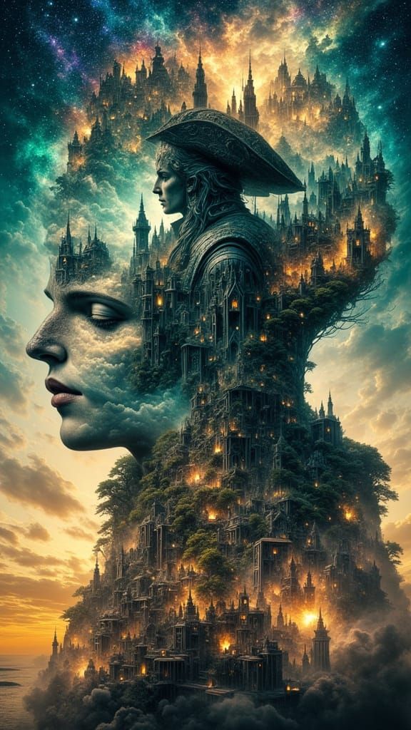 Surreal Double Exposure: Captain Hook in Neverland Skies