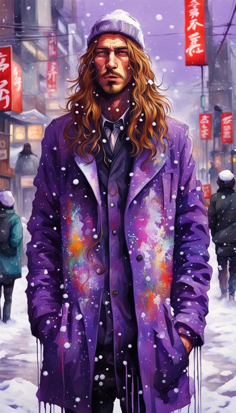 French Man in Snowy Japanese Graffiti City