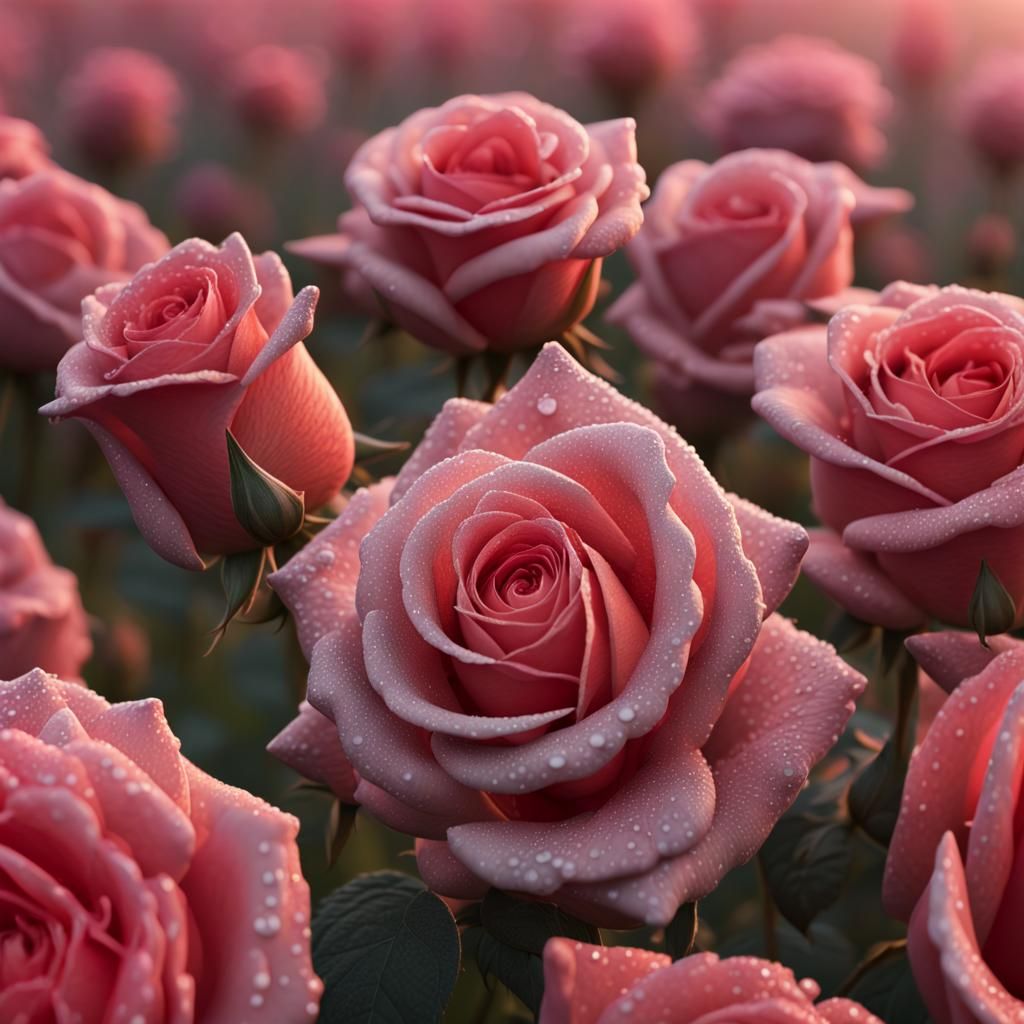 Hyperrealistic Rose in Dew-Kissed Field at Dawn