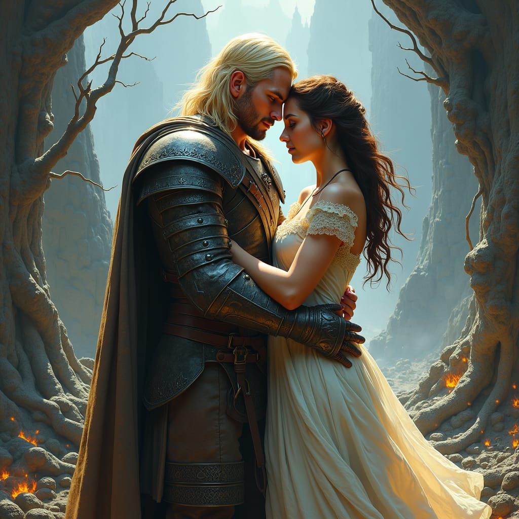 Heroic Warrior Rescues Maiden in Fantasy Landscape