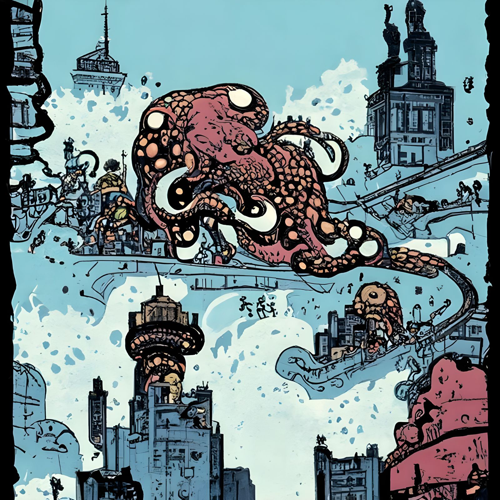 Octopus City Attack in Underground Comic Style