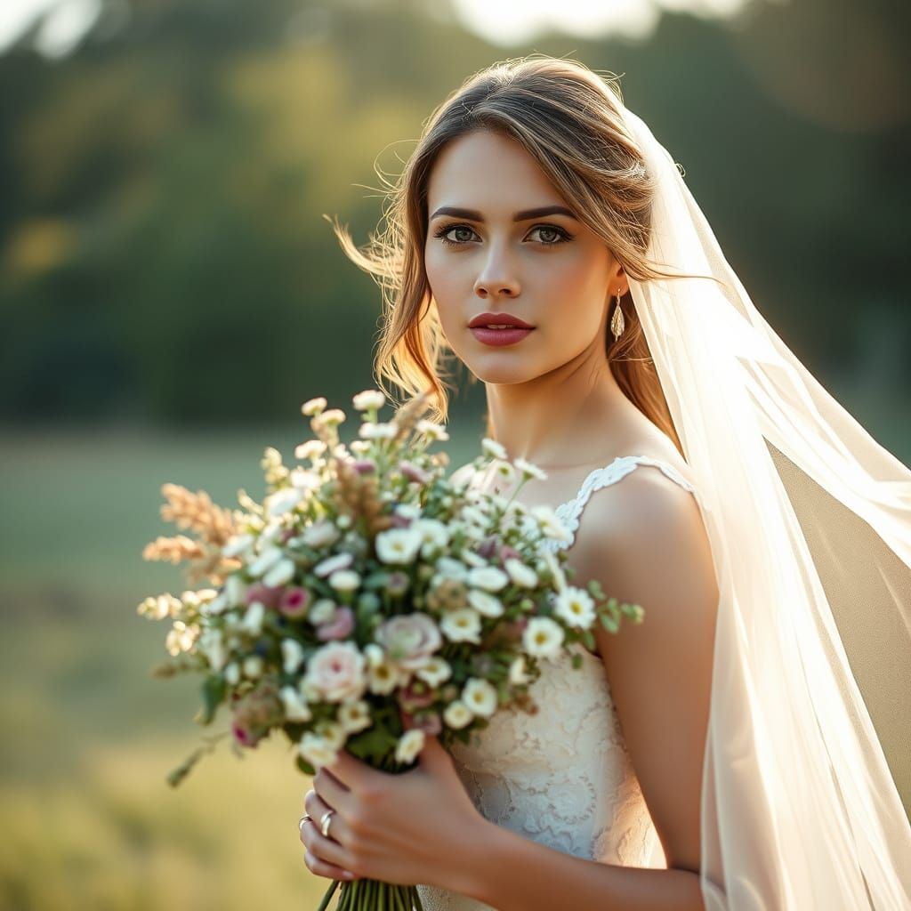 Dreamlike Bride with Wildflower Bouquet in Ethereal Light