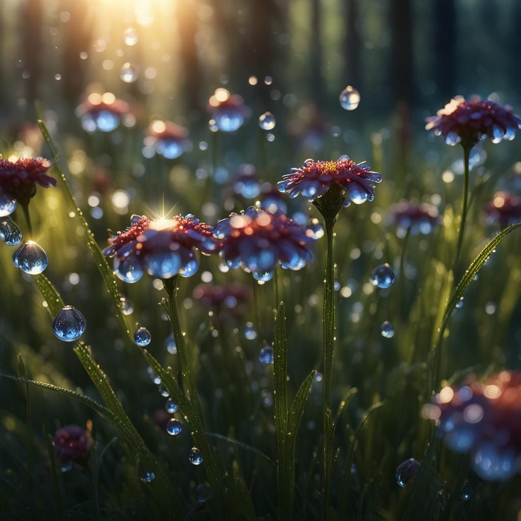 Glistening Dew Drops on Meadow Flowers