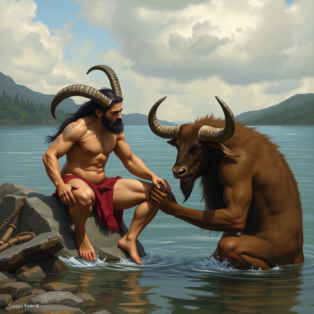 Half Goat Half Man Satyr Falls to Half Bull Half Man Minotau...