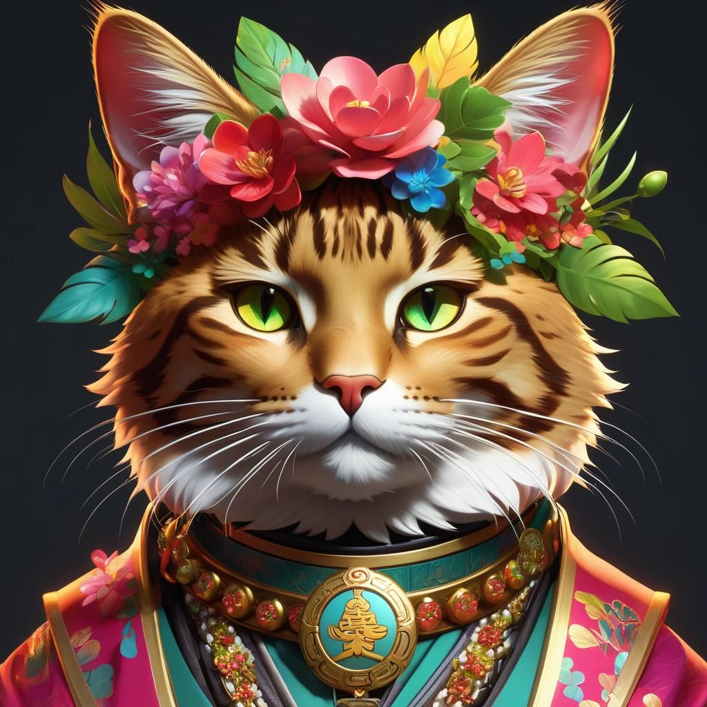 Lucky Maneki Neko Portrait with Flower Crown