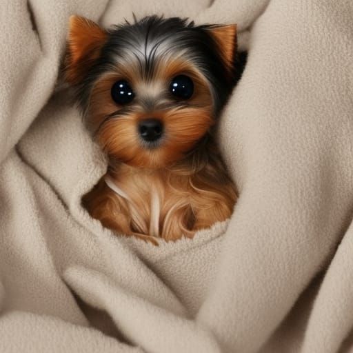 Cute Yorkie Puppy Snuggling on Couch: Detailed Matte Paintin...