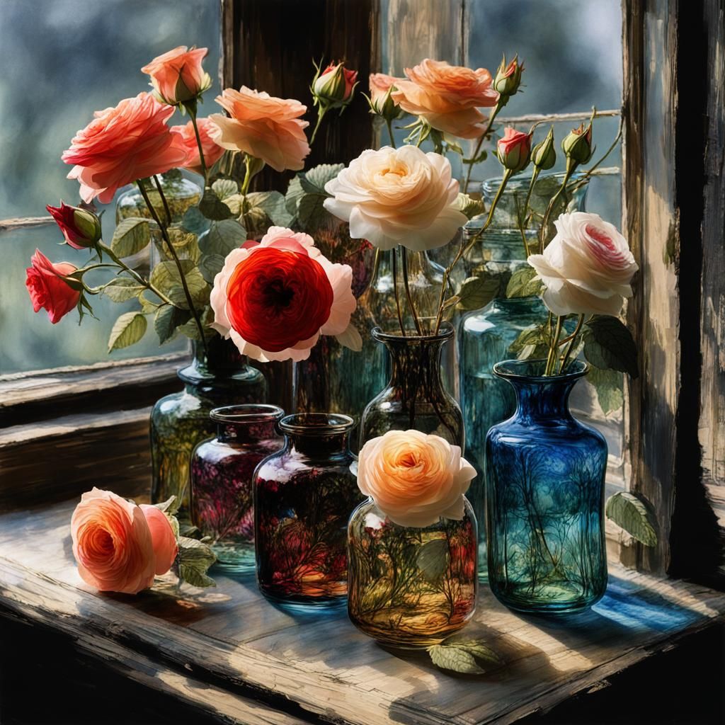 Vintage Roses Fill Antique Vases in a Dreamlike Windowsill