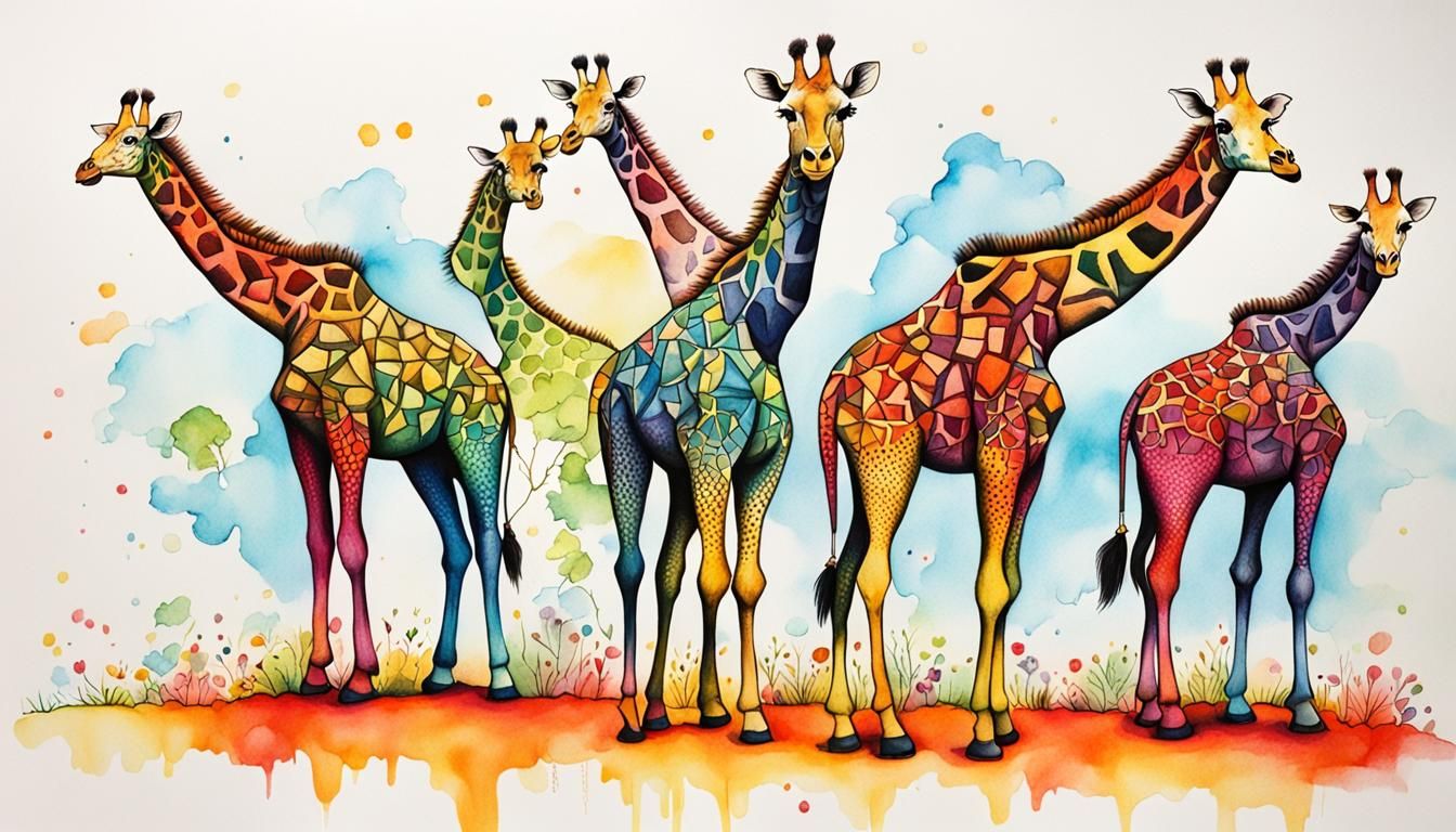 Whimsical Giraffe Inverted: A Vibrant Ink Drawing