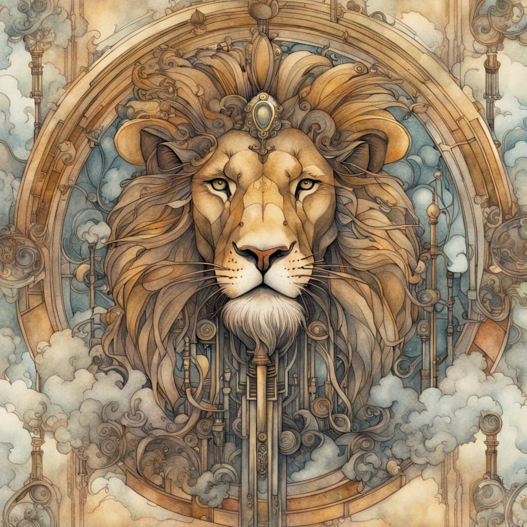 Regal Lion Amidst Whimsical Dandelions in Steampunk Wonderla...