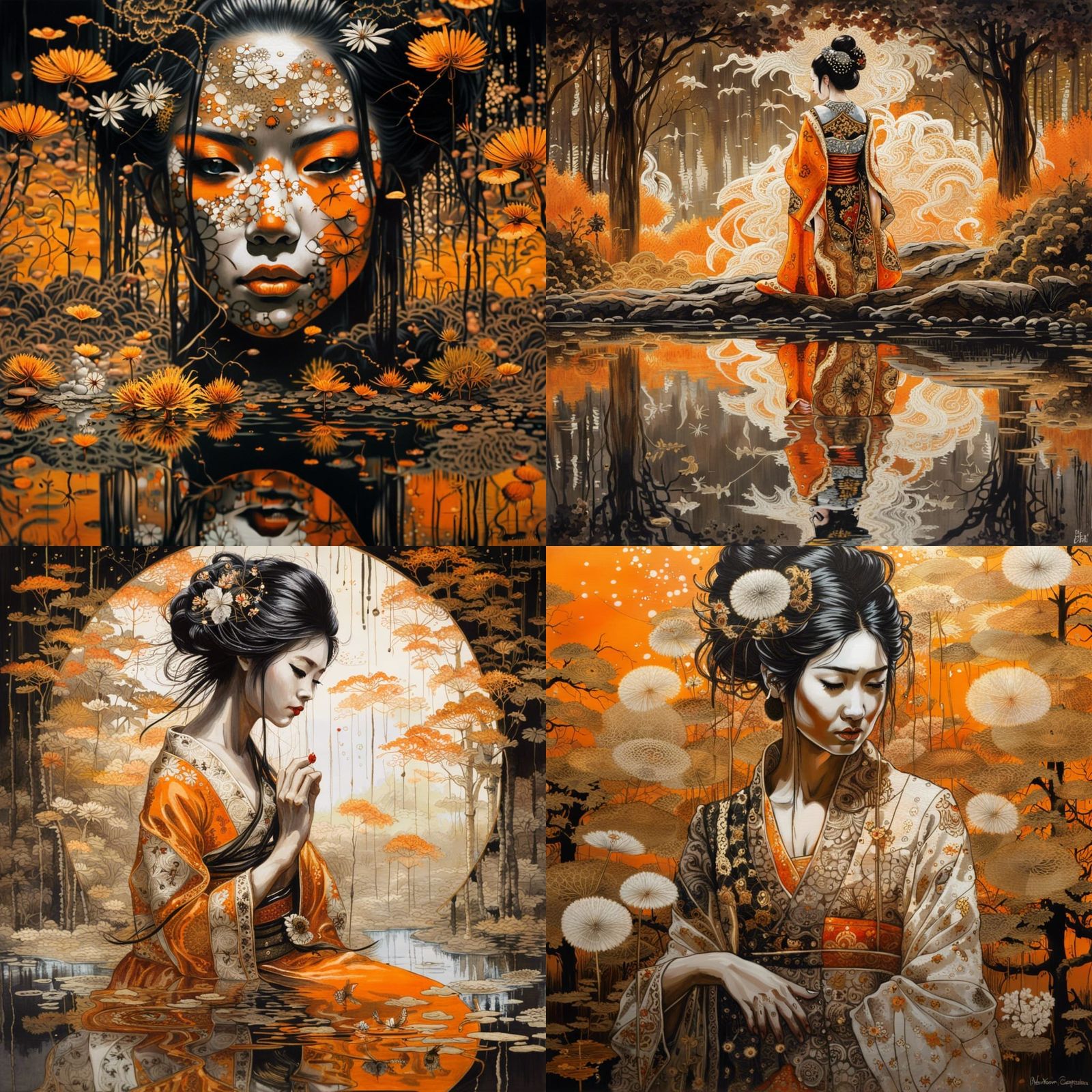 Ornate Geisha in Mirrored Reflection, Dark Fantasy