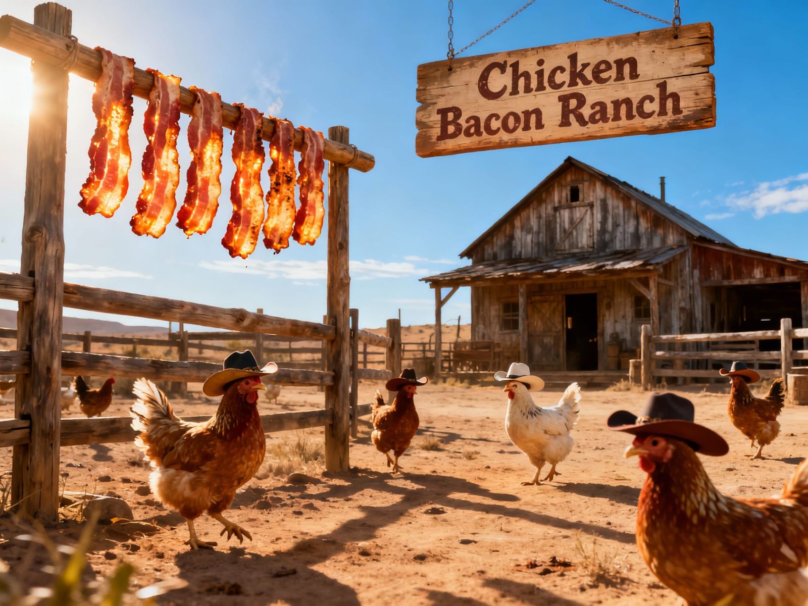 Whimsical Old West Ranch with Chickens in Cowboy Hats