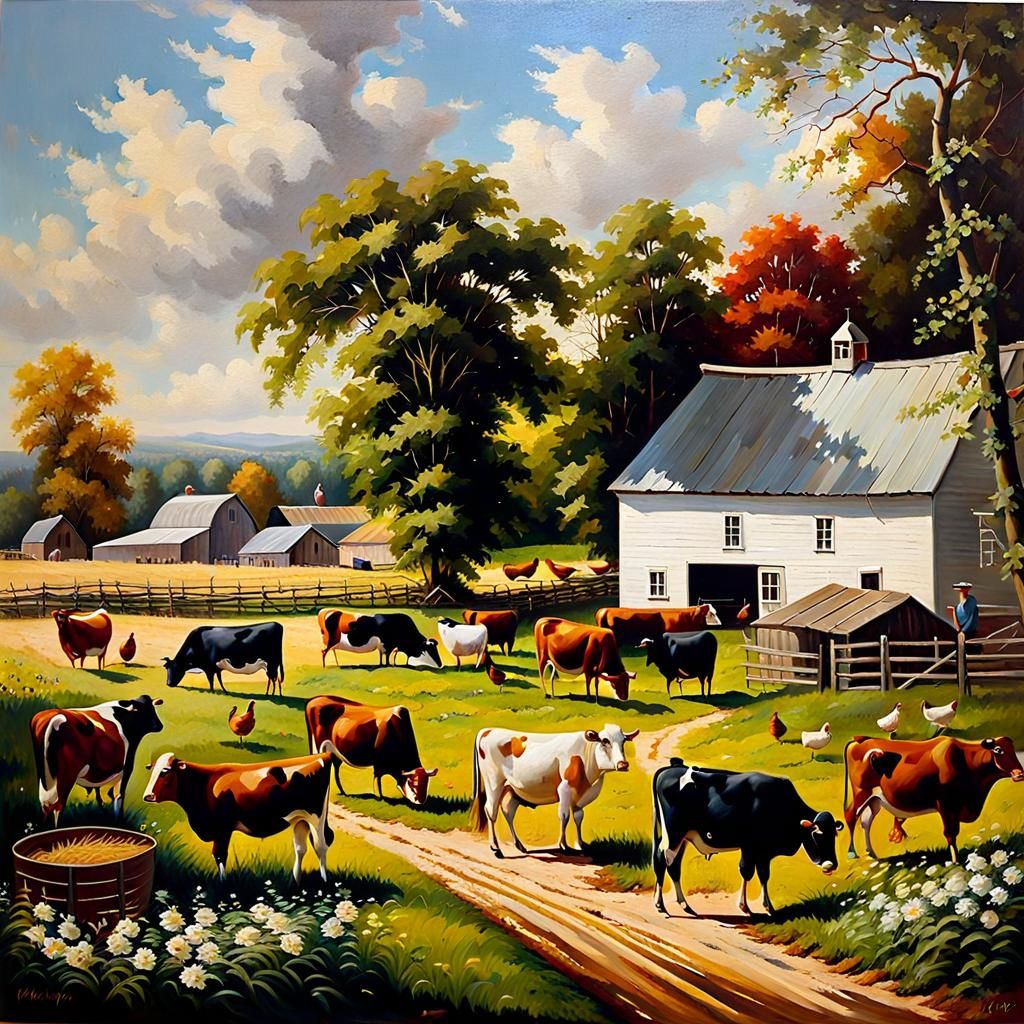 Detailed Farmyard Scene with Cows and Chickens