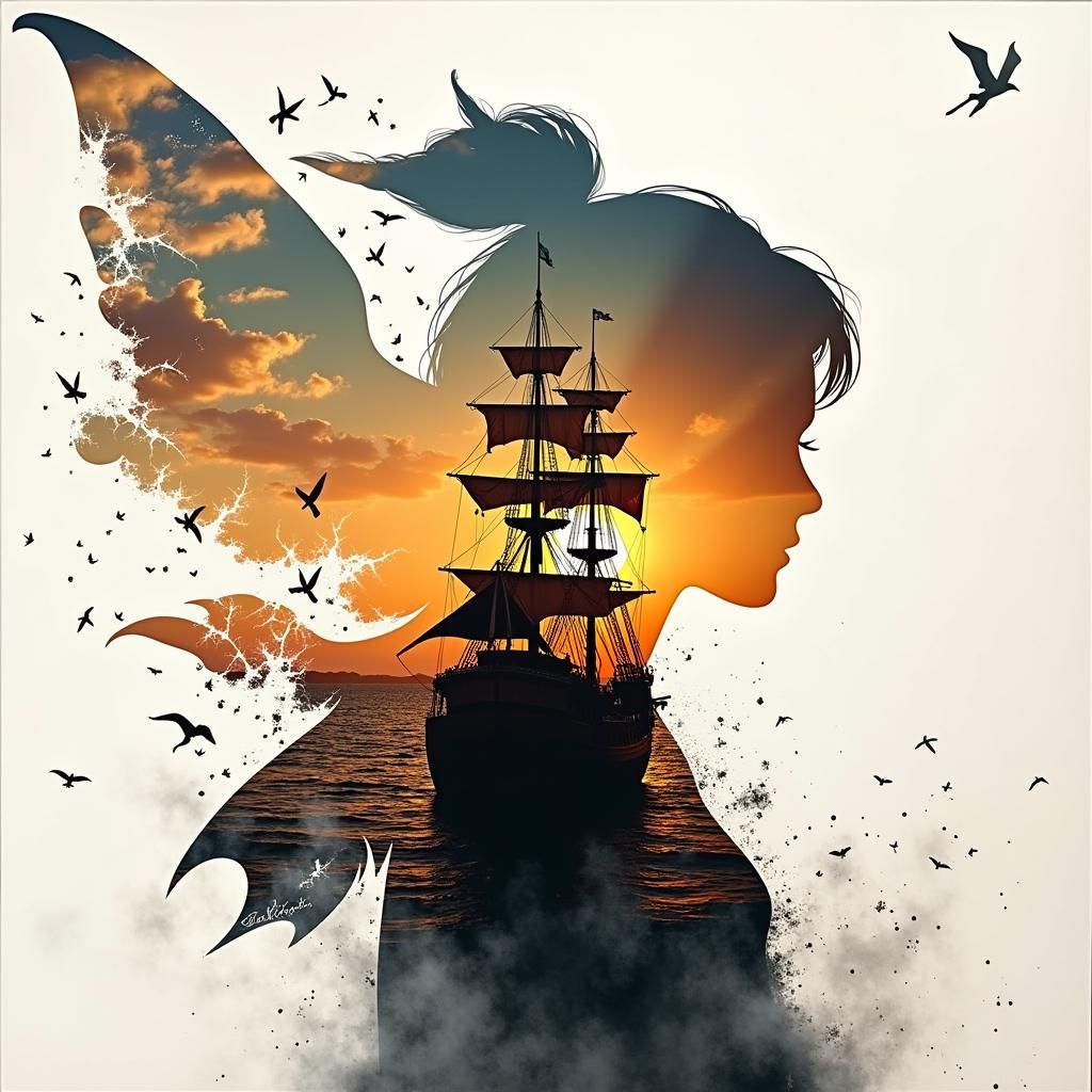 Captain Hook Silhouette with Pirate Ship Sunset