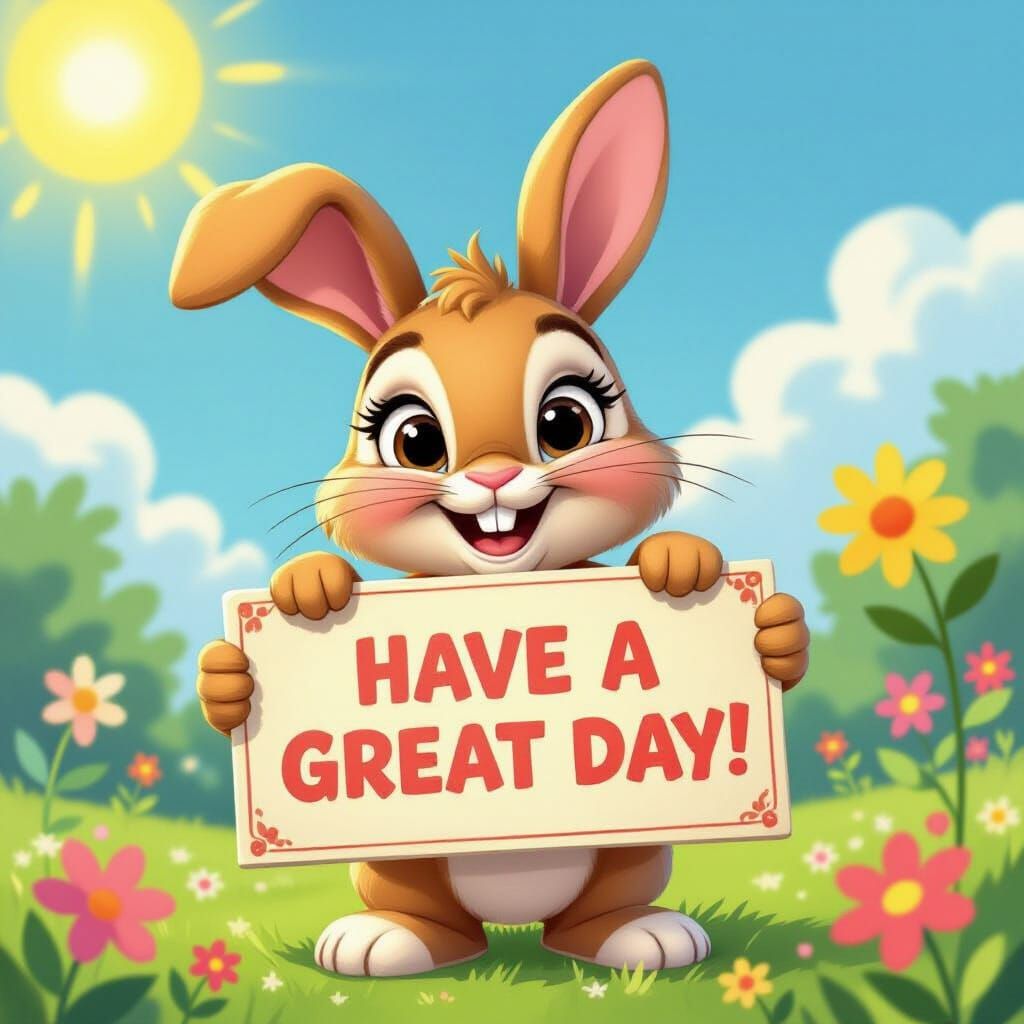 Cheerful Disney-Style Bunny with Sign
