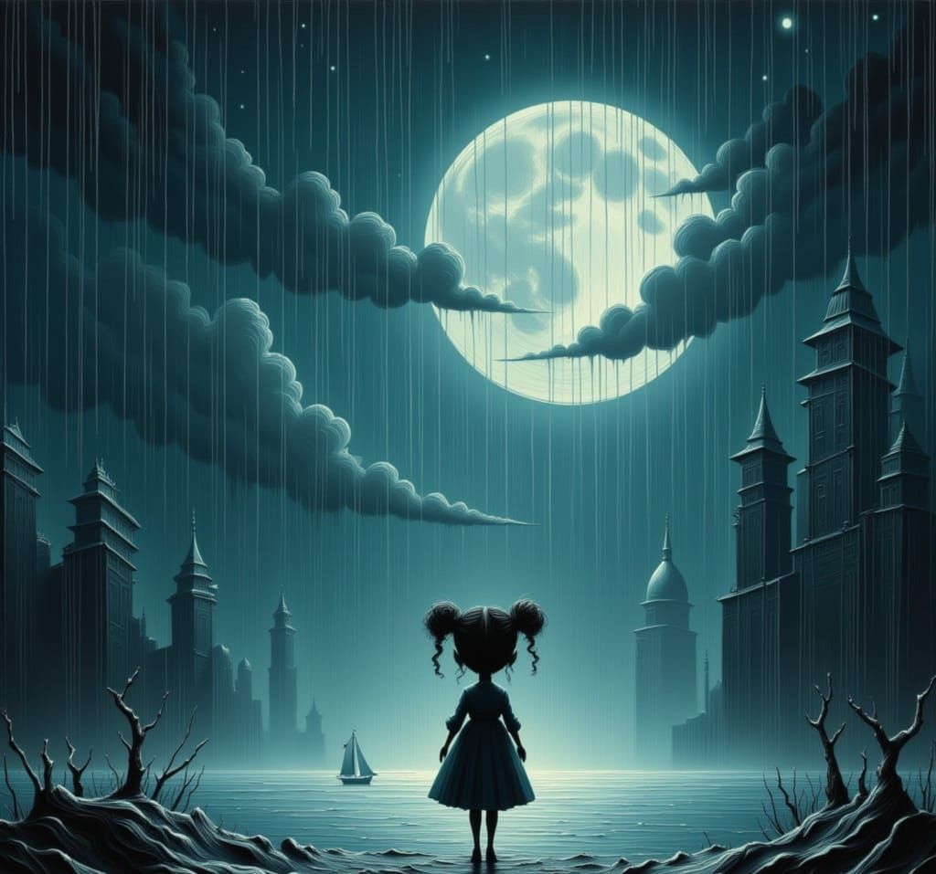 Moonchild in the Rain: Surreal Dreamscape
