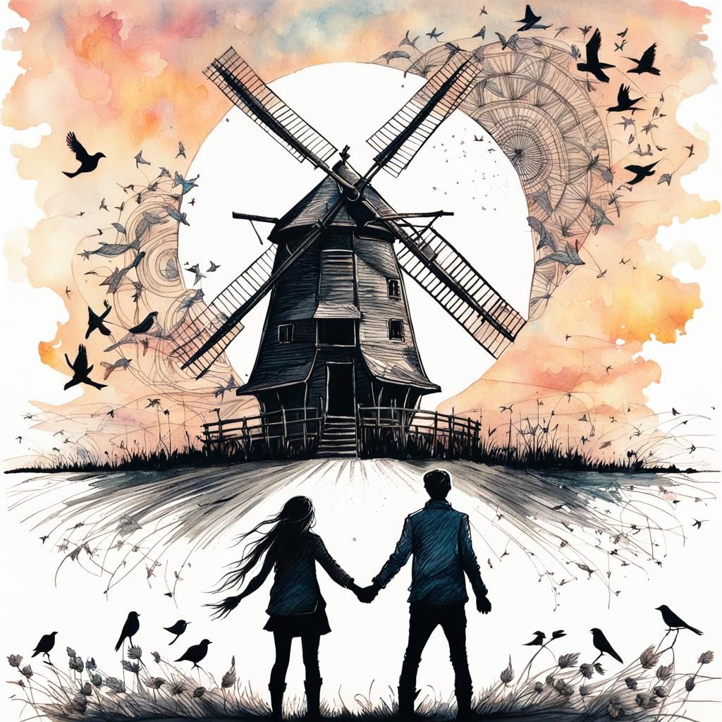 Children Gaze at Windmill in Whimsical Fantasy Style