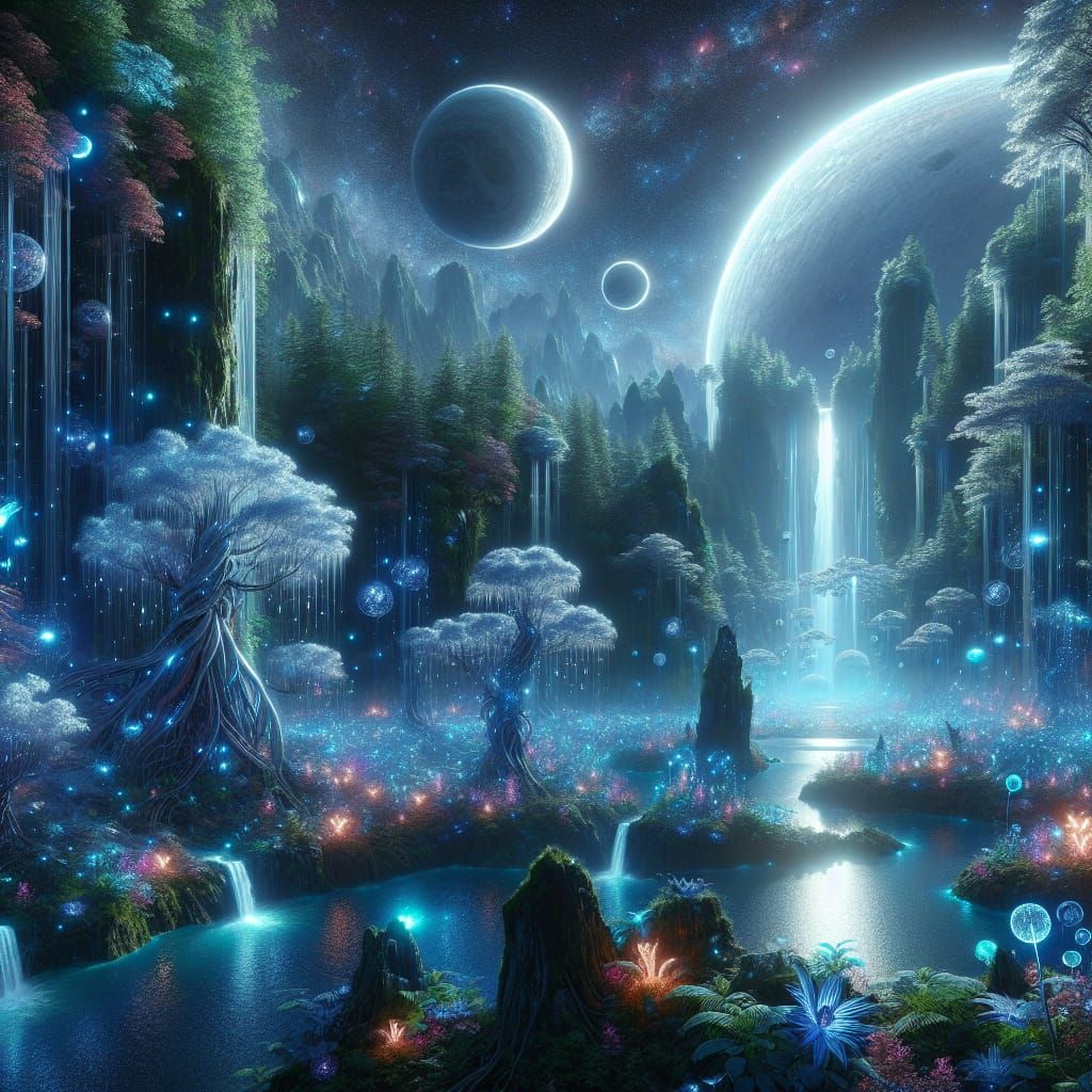 Moonlit Alien Forest with Bioluminescent Flora
