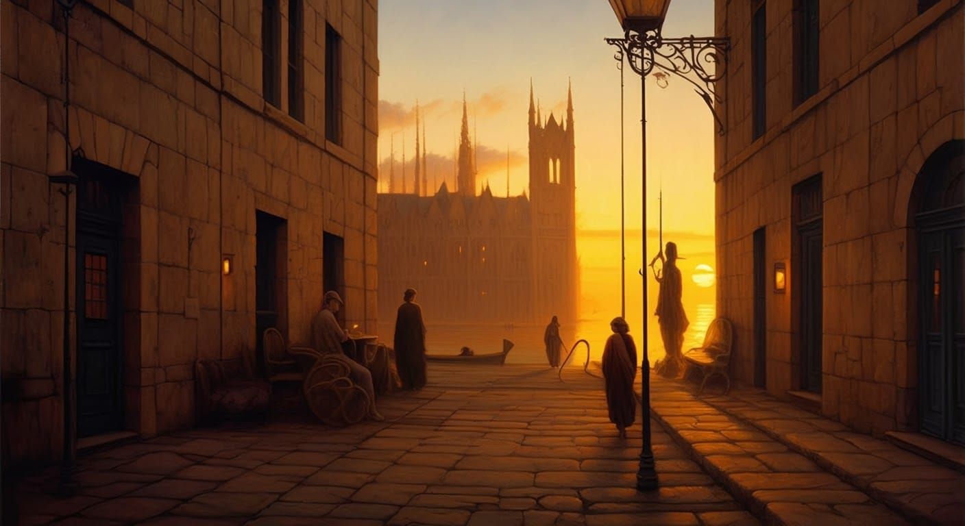 Golden Hour Scene in Gurney Style Oil Painting