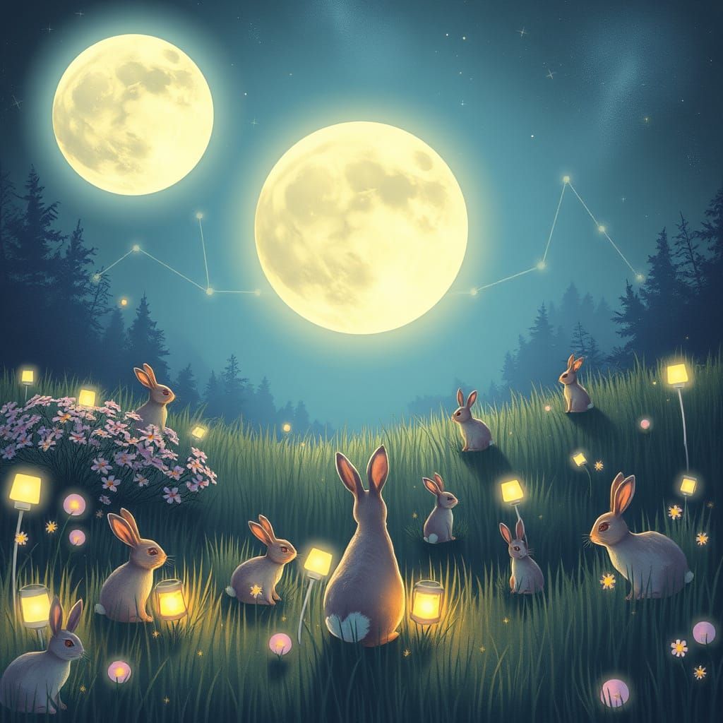 Moonlit Meadow with Glowing Rabbits and Stardust