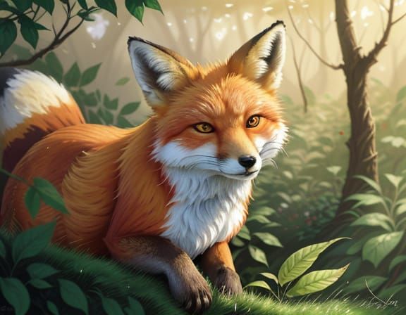 Lively Red Fox in Hedgerow - Digital Painting