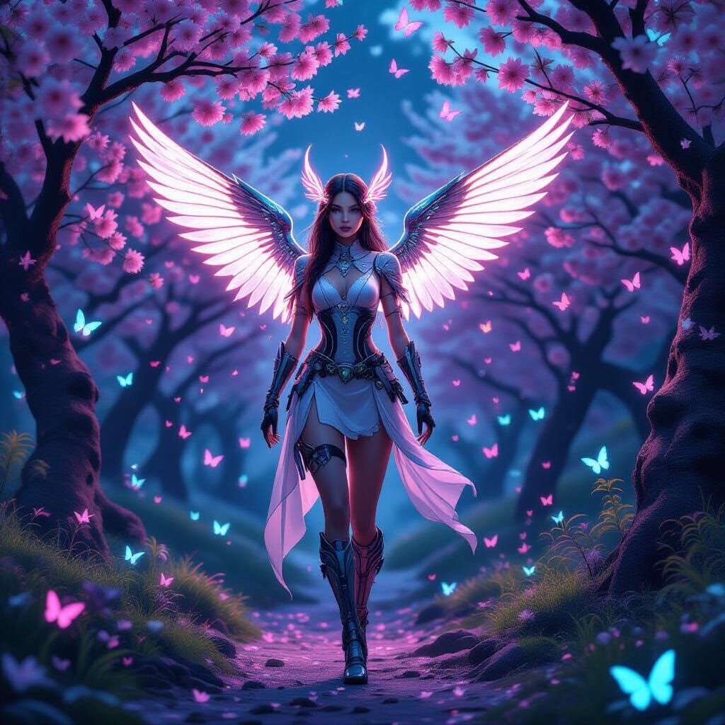 Bioluminescent Bio-Hummingbird Girl in Neon Orchard