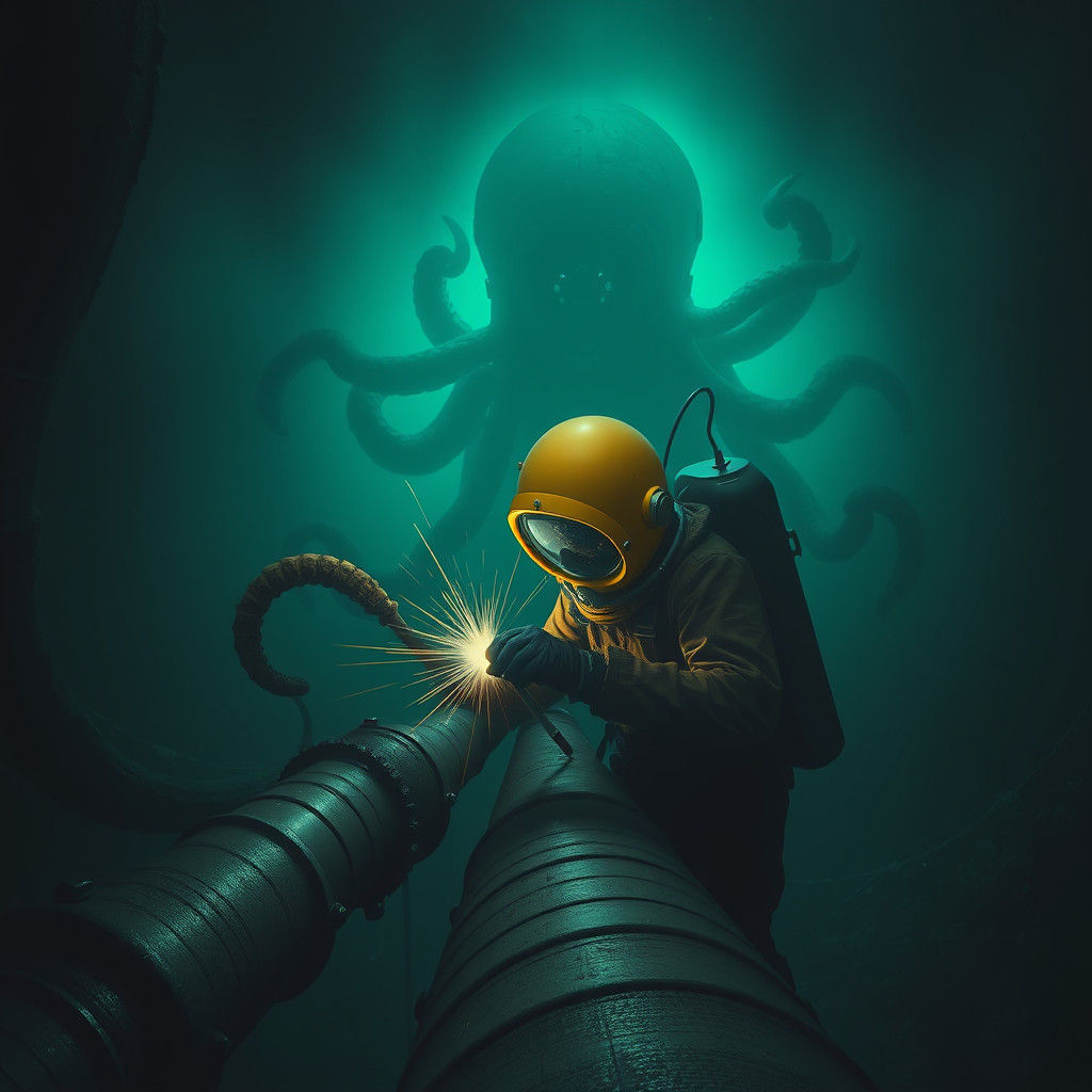 Deep-Sea Welder and Lurking Creature in Cosmic Horror Style
