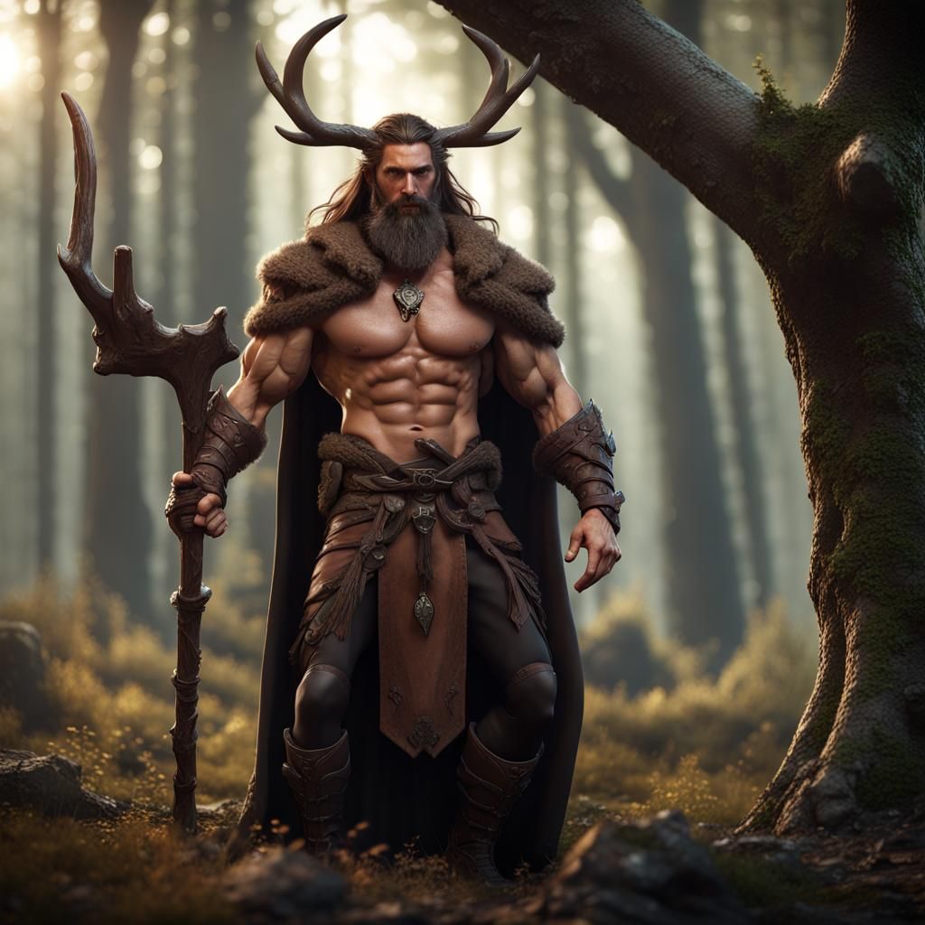Muscular Druid with Horns in Woodlands, 3D Render