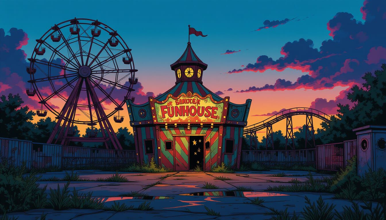 Creepy Amusement Park Supervillain Hideout at Dusk