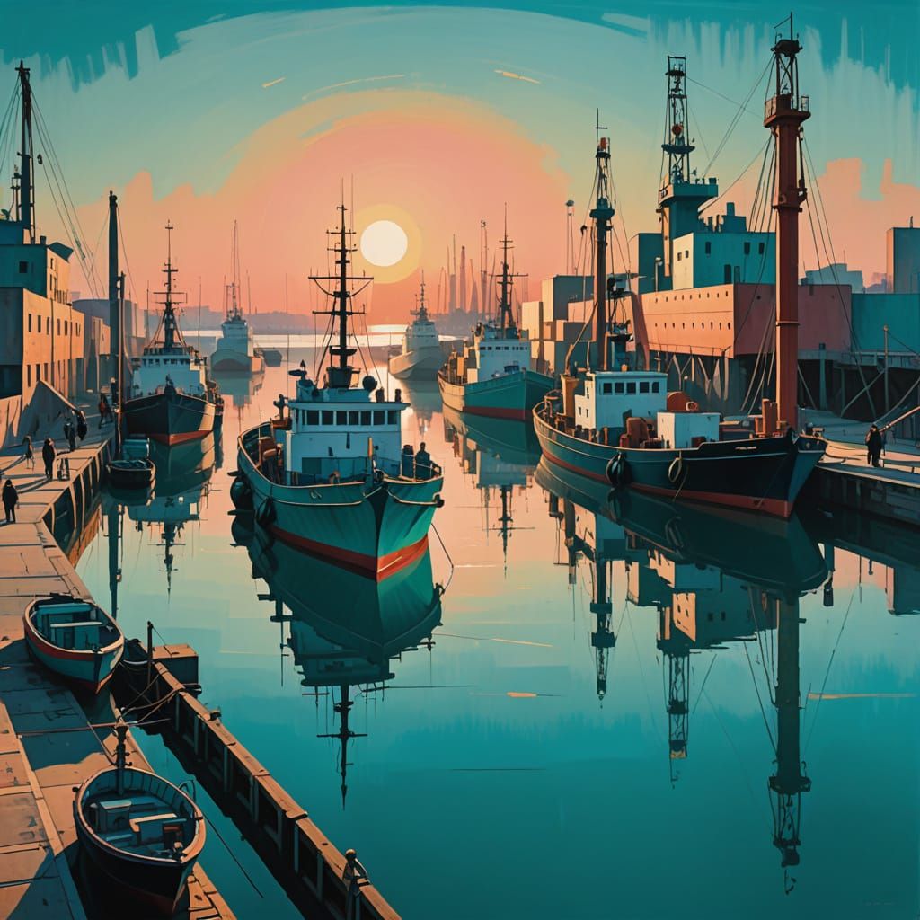 Bauhaus Harbor at Dawn in Vibrant Hues