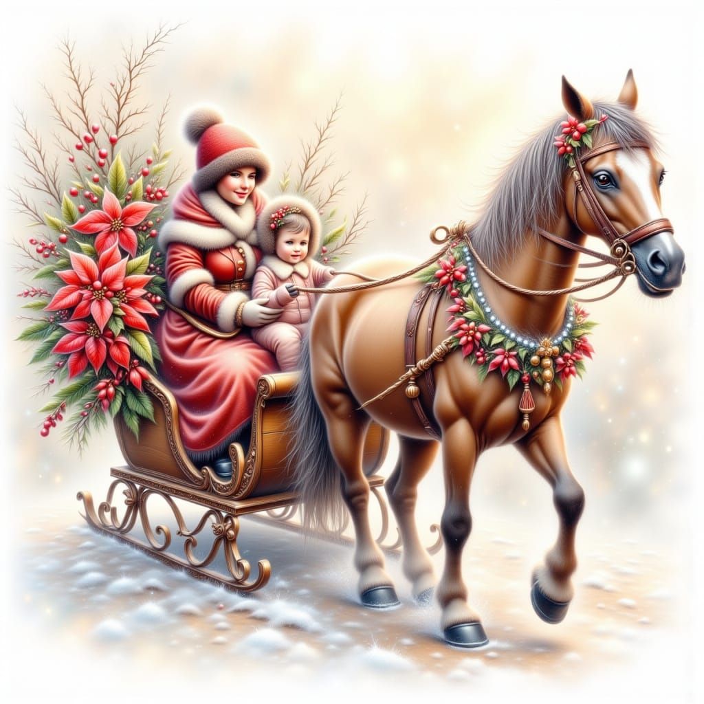 Whimsical Watercolour Sleigh Ride with Poinsettias