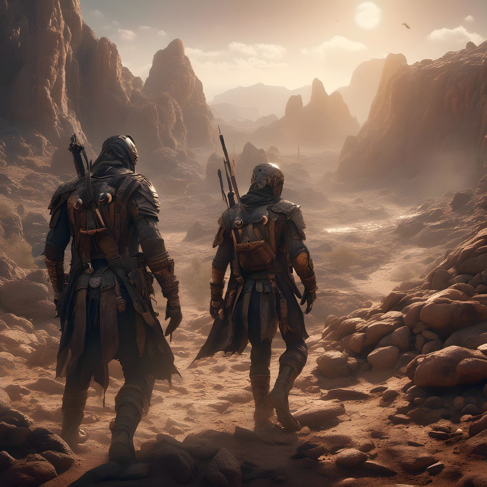 Vibrant Crusaders in a Fantastical Desert Landscape