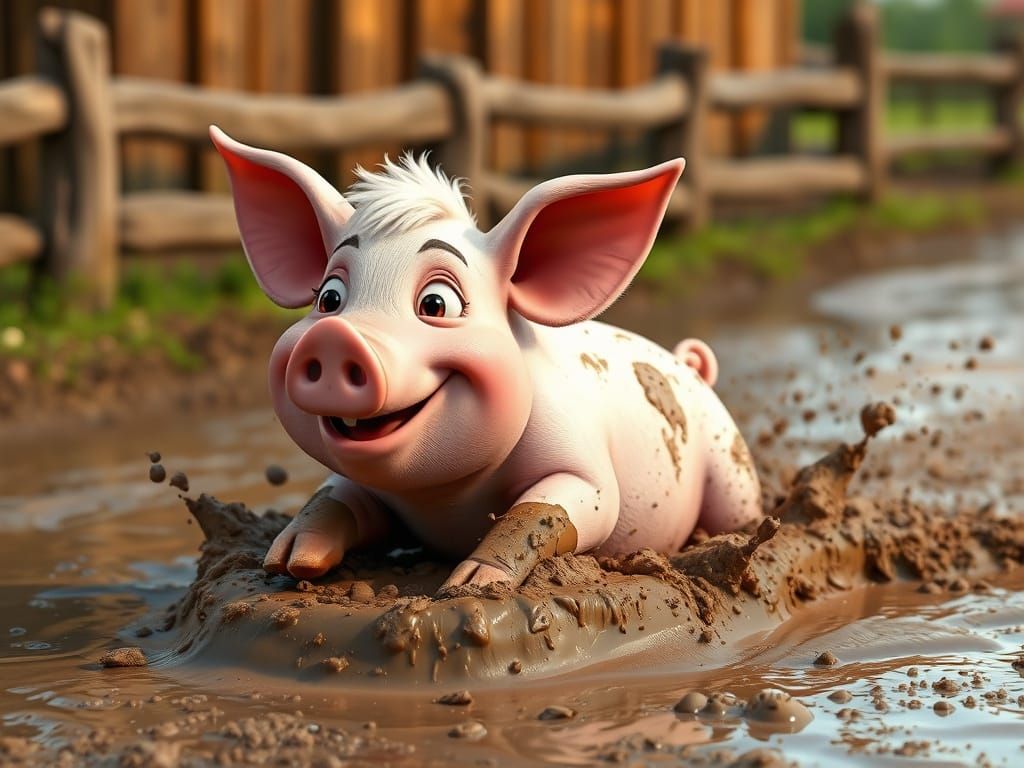 Joyful Muddy Pig in 3D Pixar Style