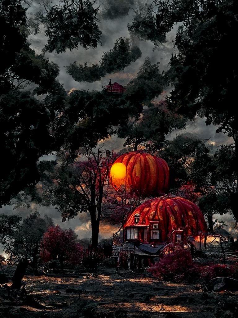 Ominous Halloween Pumpkin Cottage at Sunset