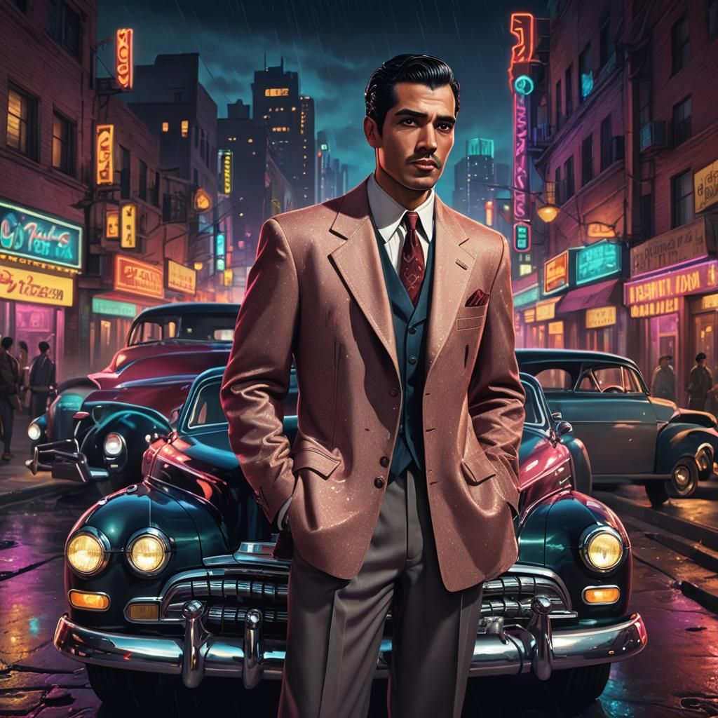 Mexican Zoot Suiter in Film Noir Cityscape