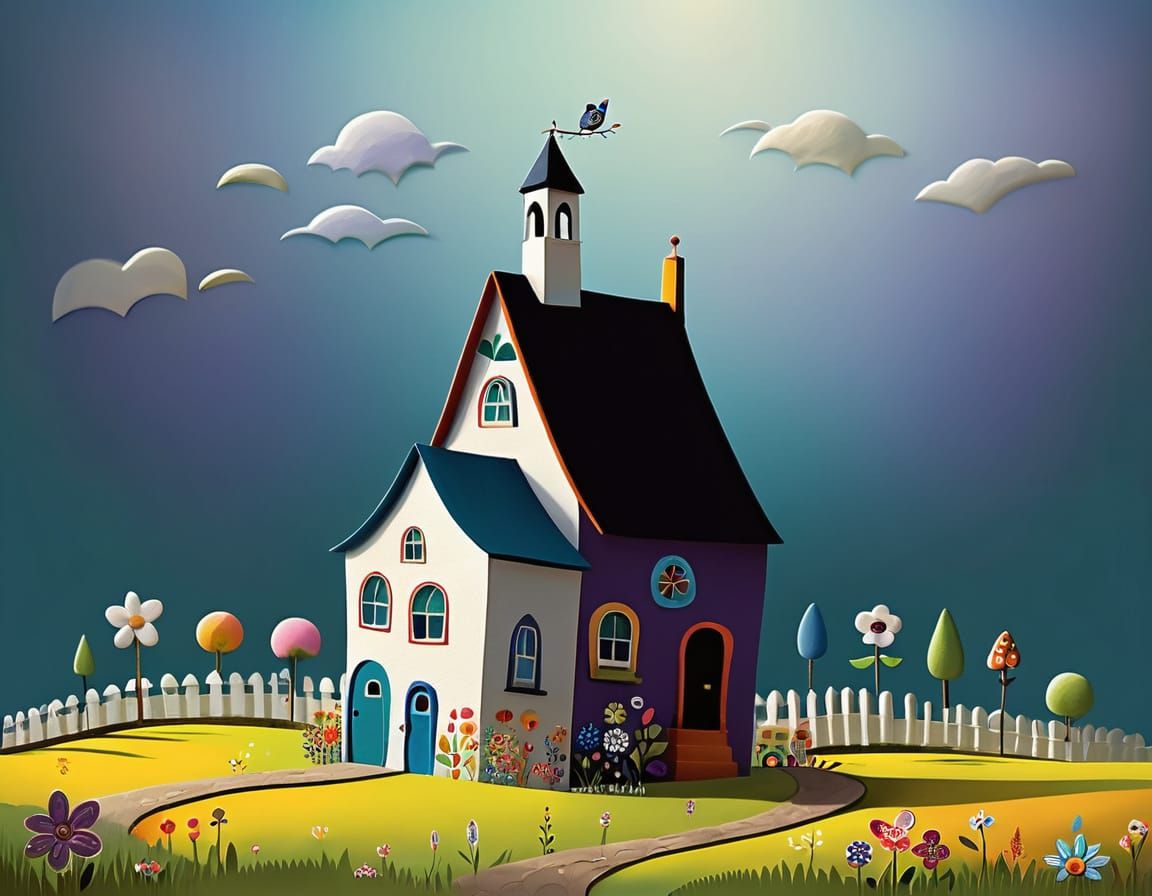 Whimsical Folk Art Village in Vibrant Landscape