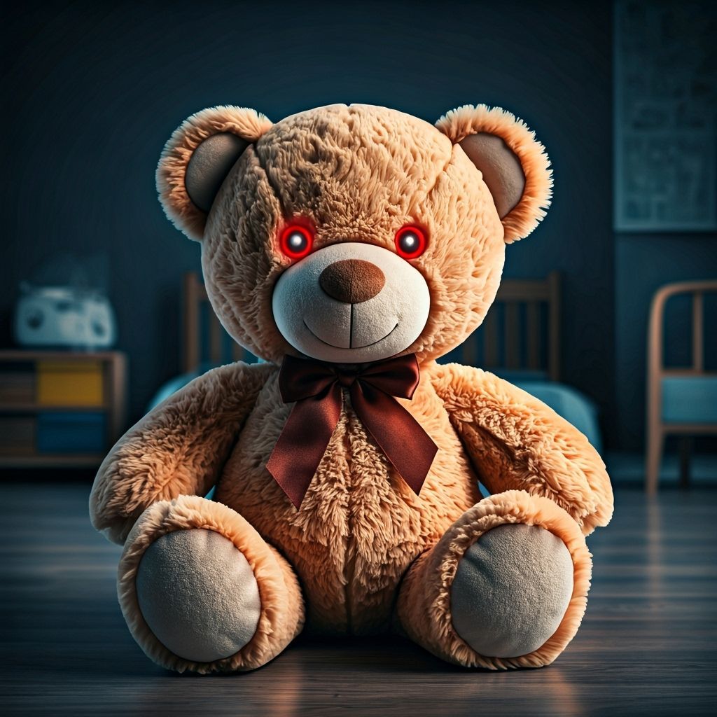 Teddy Bear with Glowing Red Eyes in Child's Bedroom