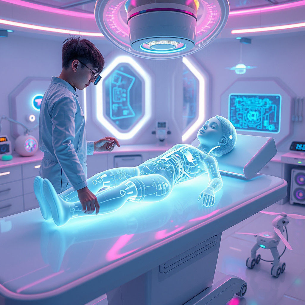 Holographic Girl Being Repaired in Futuristic Playroom