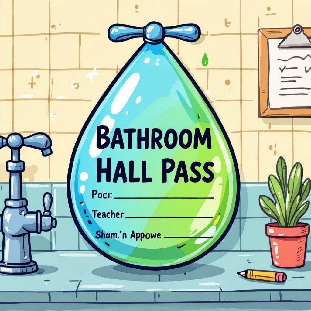 Cartoon Water Drop Hall Pass in Playful Style