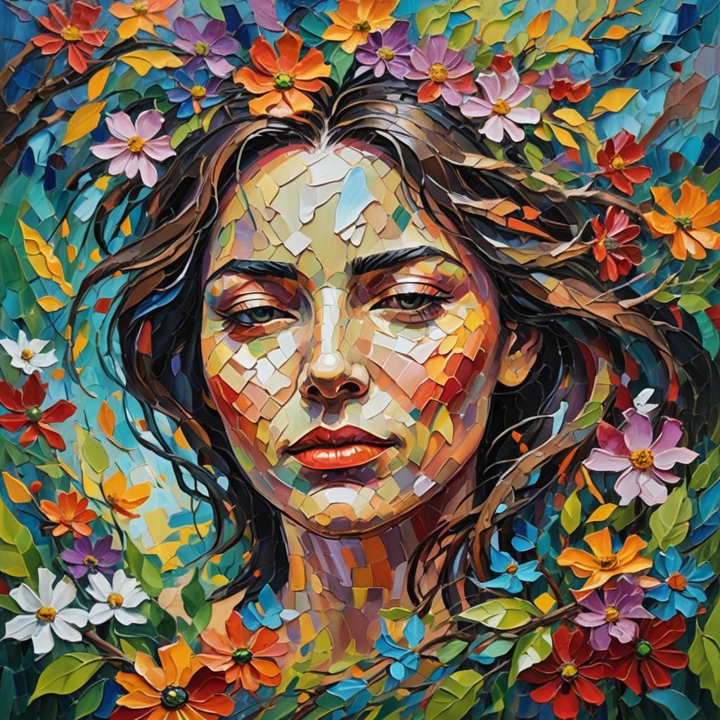 Vibrant Neo-Impressionistic Portrait with Flowers and Trees