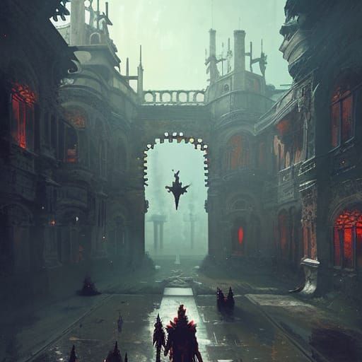 Cyberpunk Castle Courtyard with Futuristic Ornaments