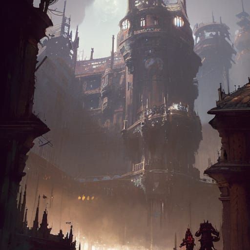 Futuristic Cyberpunk Castle Courtyard Scene