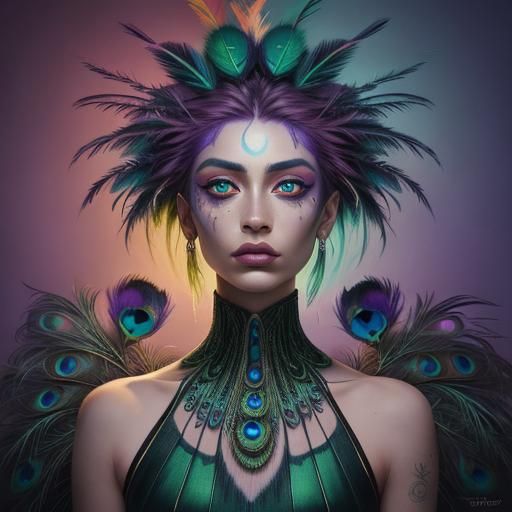 Peacock Woman: Eerie Dystopian Surrealism in Vivid Colors