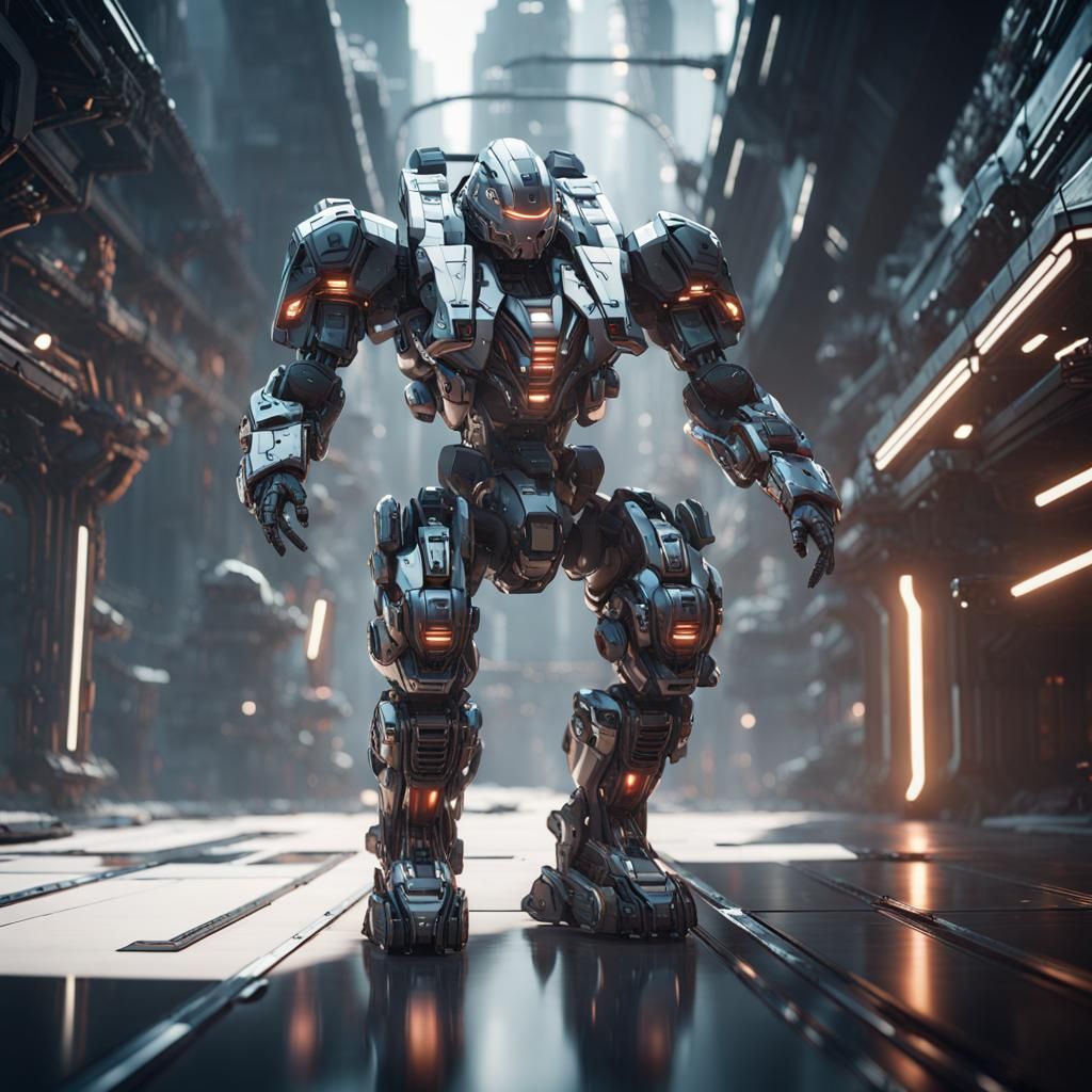 Man Driving Futuristic Mech Suit in Sci-Fi Style